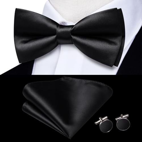 Image of Hi-Tie 5Pcs Mens Solid Color Silk Tie Satin Pretied Bowtie Lapel Pin for Men Handkerchief Cufflink Wedding Gift Box