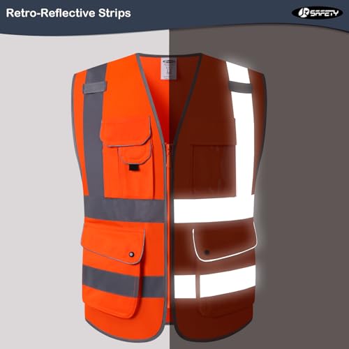 JKSafety 9 Pockets Class 2 High Visibility Zipper Front Safety Vest With Reflective Strips, Meets ANSI/ISEA Standards (150-Orange M)