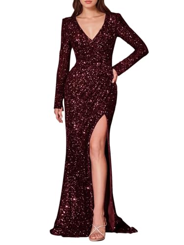 Basgute Sparkly Sequin Long Sleeve Prom Dresses Mermaid Slit V Neck Formal Evening Party Gown for Women