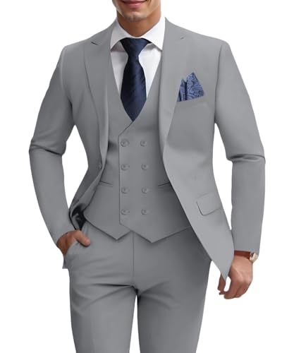 Men's Suits 3 Piece Double Breasted Tuxedo Suit for Men Casual Blazer Suit for Wedding Light Gray Suits Prom Party 2XL