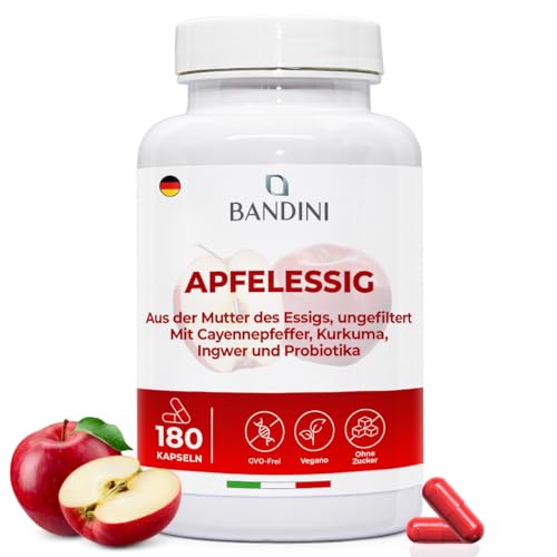 Bandini® Apfelessig Komplex hochdosiert mit 1860mg pro Tagesdosis - 180 vegane Apple Cider Vinegar Kapseln mit Probiotika + Cayennepfeffer, Ingwer & Kurkuma - Ungefiltert, 100% Vegan - 2 Monatsvorrat