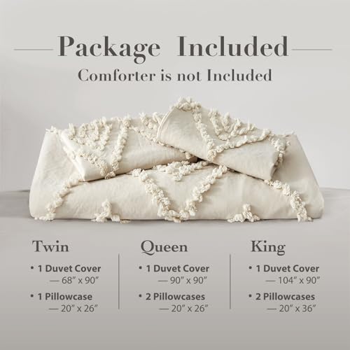 Oli Anderson Tufted Duvet Cover Queen Size, Soft and Lightweight Duvet Covers Set for All Seasons, 3 Pieces Boho Embroidery Shabby Chic Bedding Set (Beige, Queen, 90’’ x 90’’)