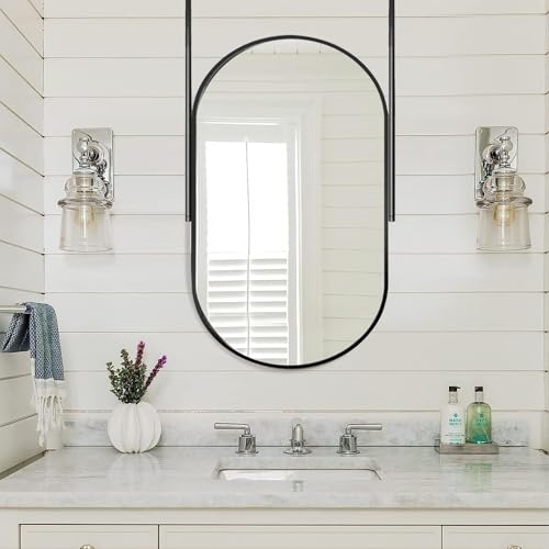 Miroir de maquillage suspendu 50x70 cm, cadre en métal noir d'une élégance minimaliste