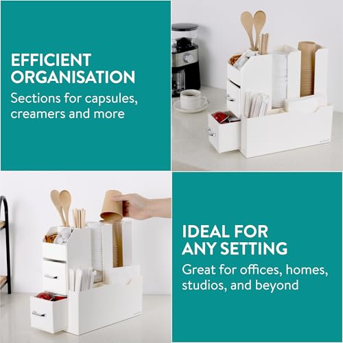 Navaris Coffee Station Organizer in Cream - Tea and Coffee Organizers with Storage Compartments - Beverage Accessories Ideal for Coffee Bar, Cart, Countertop, Kitchen, and Office