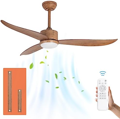 REVOICI Ceiling Fans with Lights, 52" Indoor&Outdoor Ceiling Fan with Remote Control, 3 ABS Fan Blades, Noiseless Reversible DC Motor for Bedroom/Living Room/Den/Porch（Faux wood texture）