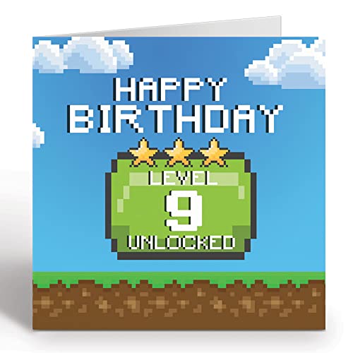 Birthday Card For 9 Year Old Gamer Boy Or Girl -  Happy Birthday Level 9 Unlocked Video Gaming Birthday Card With Blue Envelope - Eco Friendly Card By Giggle Greetings®