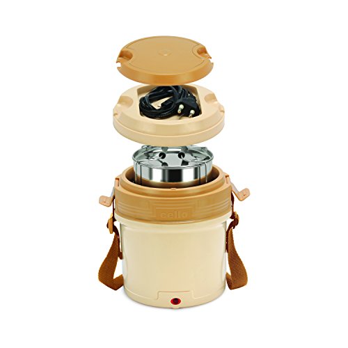 Image of CELLO Newton 3 Tier Compartment Stainless Steel Electric Lunch Box For Office Use, Beige | Shock Proof & Cool Touch Outer Body, Rubber Grip Lift Handle Leakproof Stainless Steel Electric Lunch Carrier