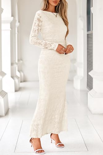 MITILLY Women\'s Formal Wedding Guest Dress Fall Elegant Floral Long Sleeve Bodycon Ruched Maxi Dresses Medium Apricot - Thumbnail 5