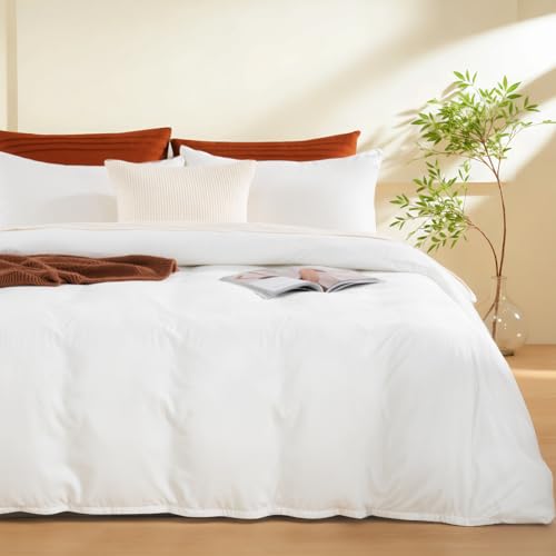 Image of NEXHOME PRO Duvet Cover Queen,White 3 Pieces Duvet Cover Set, Soft and Lightweight 100% Washed Microfiber Comforter Cover Set for All Season(White Queen, 90 x 90)-No Comforter
