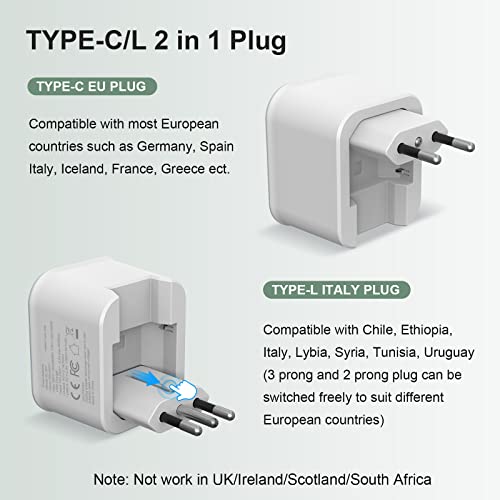 2 Pack European Travel Plug Adapter Foldable Type C/L 2 In 1 Europe Italy Power Plug Adapter With 3 Usb (1 Usb C Port) 1 Ac Outlets Travel Essentials For Most Of Eu Italy France Germany Spain #TOP4