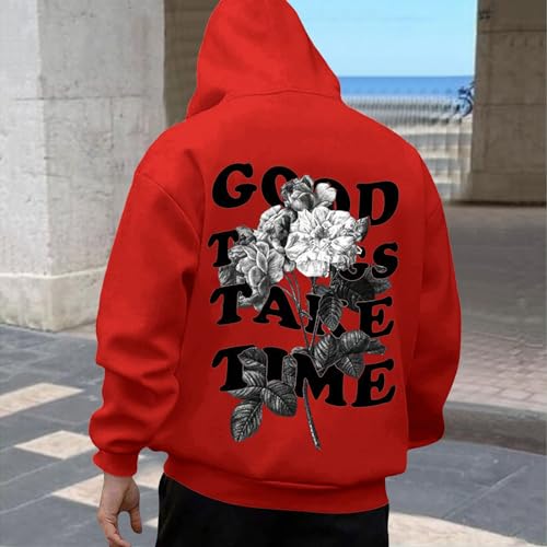 Good Things Take Time & Rose Shape Graphic Hoodie for Men Long Sleeve Y2K Hooded Pullover Tops Oversized Comfort Hoodies3