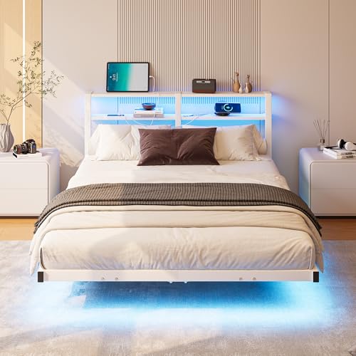 HAHRIR Lit flottant en métal, 120 x 200 cm, avec lumières LED, station de charge USB et tête de lit double étagère, cadre en acier robuste, silencieux,...
