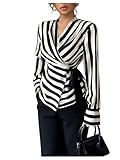 SOLY HUX Women's Tie Front Wrap Tops Striped Long Sleeve Shirt V Neck Dressy Casual Blouses Black and White Medium