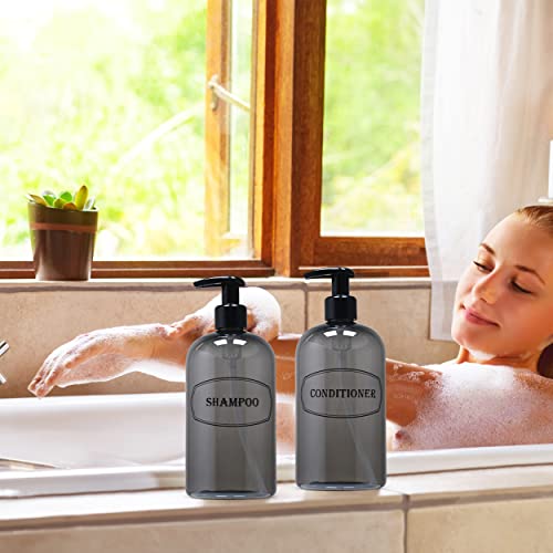 Bottiful Home-16 Oz Gray Shampoo And Conditioner Shower Soap Dispensers-2 Refillable Empty Pet Plastic Pump Bottle Shower Containers-Printed Design-Waterproof, Rust-Free, Clog-Free, Drip-Free #TOP4