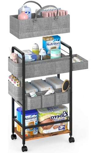 LIDTOP 2In1 Baby Diaper Caddy & 4-Tier Rolling Diaper Cart, Diaper Caddy Organizer Cart with Dividers & Drawer, Mobile Metal Bedside Cart for Nursery Essentials Storage, Large Capacity