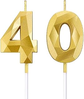BBTO 40th Birthday Number Candles 3D Diamond Shape Cake Candles Number 40 Cake Topper Decoration for Birthday Wedding Anniversary Celebration Supplies, Gold