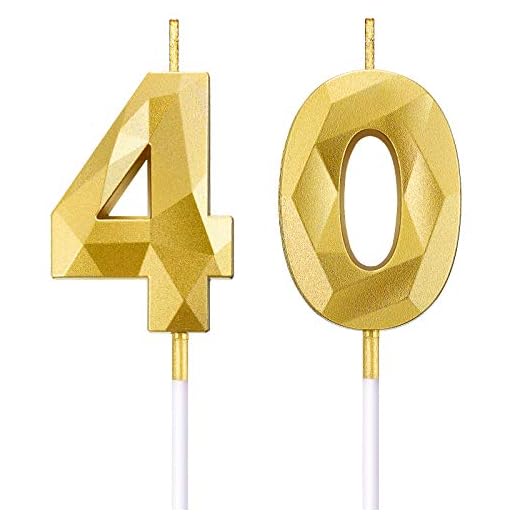 Velas de Número de Cumpleaños 40 Velas de Pastel en Forma de Diamante 3D Topper Decoración de Torta de Número 40 para Celebración Aniversario Bodas Cumpleaños, Oro