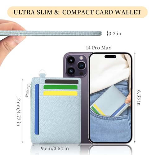 Image of Hancynir Slim Wallet Women Credit Card Holder, Minimalist RFID Blocking Small Mini Card Wallets, Cute Front Pocket PU Leather Card Case, Thin Travel Zipper Coin Cash Ladies Female Wallet Gifts Blue