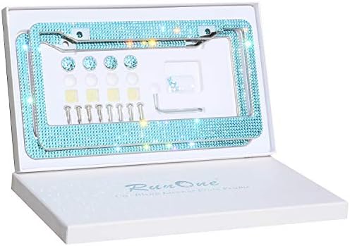 Rhinestone License Plate Frame for Women,Premium Stainless Steel Cover 1000+ Finest 14 Facets Luxury Sparkling Crystal Diamond License Plate Frame with Giftbox & Bling Cap Screw Set (Water Aquamarin)