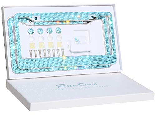 Rhinestone License Plate Frame For Women,Premium Stainless Steel Cover 1000+ Finest 14 Facets Luxury Sparkling Crystal Diamond License Plate Frame With Giftbox & Bling Cap Screw Set (Water Aquamarin) #TOP3