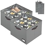 OIAHOMY 2 Pack Shoe Organizer for Closet, Large Foldable Shoe Storage Bins with Dividers and Reinforced Handles, Each Clear Cover Sneaker Box Fits Up to 16 Pairs for Entryway and Bedroom, Grey