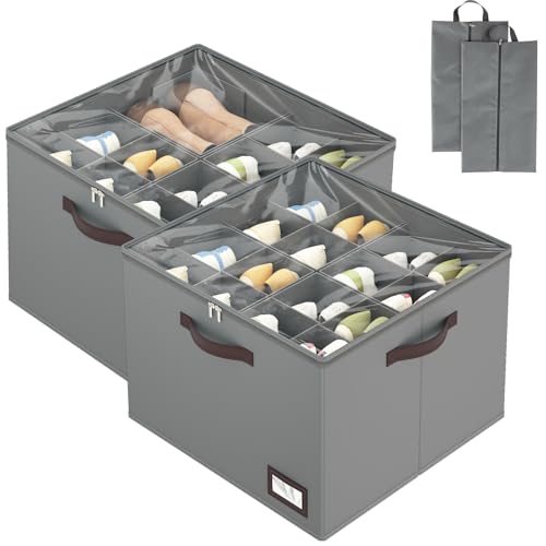 OIAHOMY-2-Pack-Shoe-Organizer-for-Closet-Large-Foldable-Shoe-Storage-Bins-with-Dividers-and-Reinforced-Handles-Each-Clear-Cover-Sneaker-Box-Fits-Up-to-16-Pairs-for-Entryway-and-Bedroom-Grey OIAHOMY 2 Pack Shoe Organizer for Closet, Large Foldable Shoe Storage Bins with Dividers and Reinforced Handles, Each Clear Cover Sneaker Box Fits Up to 16 Pairs for Entryway and Bedroom, Grey - Image 1