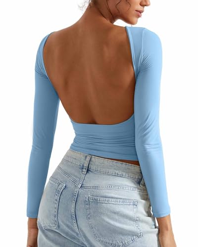 SUUKSESS Women Backless Going Out Tops Double Lined Open Back Basic Long Sleeve