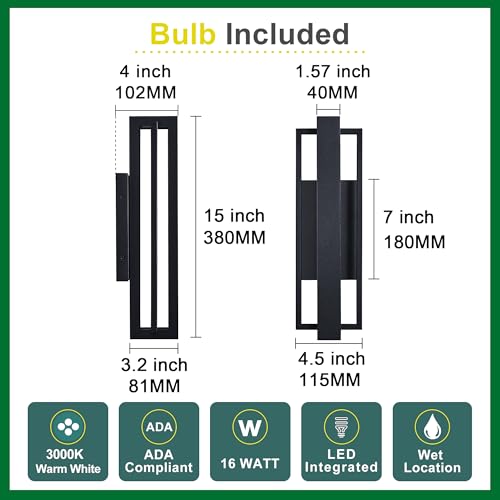Image of Tarentlight Double Square Frame Outdoor LED Wall Light, 15 Inch Textured Black Wall Sconce, Sleek Modern Light Fixture, Integrated LED 3000K 16W, Outside Lights for Patio, Porch, Front Door or Garage