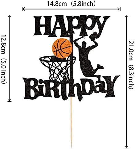 Xsstarmi 1 Pack Basketball Happy Birthday Cake Topper Black Glitter NBA Star Sports Basketball Cake Pick Decorations for Basketball Sports Theme Men Boys Birthday Baby Shower Party Supplies