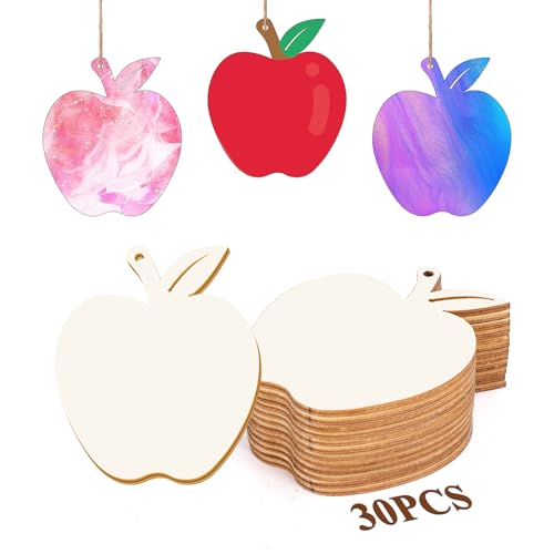 Tmflexe 30Pcs Apple Unfinished Wooden Gift Ornaments DIY Craft Teachers Day Activity Paintable Blank Natural Fruit Apple Cutouts Hanging Wood Slices for Kids Classroom Art Crafts Party Supplies