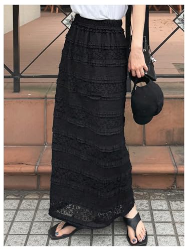 GORGLITTER Women's Floral Lace Layered Frill Trim Skirt Elastic Waist Sheer Long Skirts3