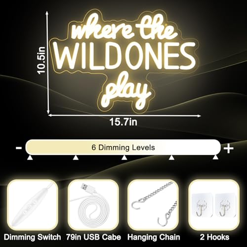 Image of Where the Wild Ones Play Neon Sign Dimmable Neon Signs for Wall Decor Letter LED Signs USB Light Up Sign for Playroom Wall Decor Playroom Decoration Essentials