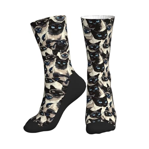 Siamese Cat Blue Eyes Pattern Crew Socks for Men Women - Funny Novelty Crew Socks Unique Dress Socks Black Bottom