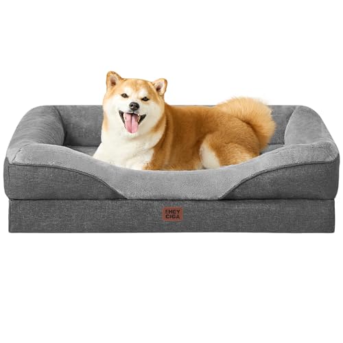 EHEYCIGA Memory Foam Dog Bed for Large Sized, Orthopedic Dog Sofa with Sides and Waterproof Liner, Washable Bolster Pet Bed Couch with Removable Cover, 36x27x7 Inch, Grey