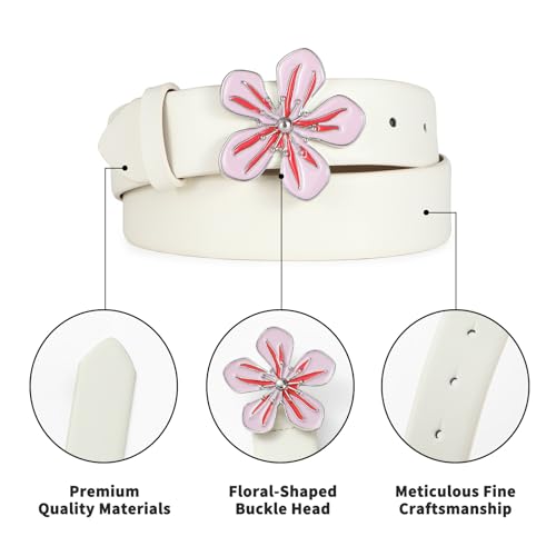 Women’s White Belt with Flower Buckle Cute Pink Blossom White Belt for Dresses, Jeans, Outfits4