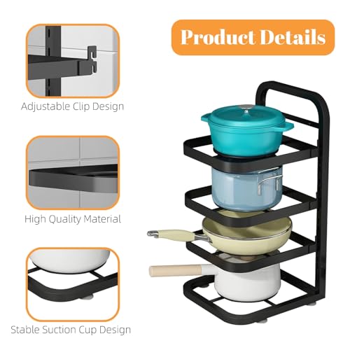 Felenny Pots and Pans Organiser Rack, 4 Tiers Height Adjustable Pot Lid Organizer Rack Heavy Duty Kitchen Countertop Cabinet Storage Organiser for Pots Griddles Pans Bakeware - Image 2
