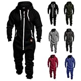 Mens Fleece Lined Hooded Jumpsuit Onesie Pajamas Zip Up One Piece Playsuit Jogger Sweatsuit Overall Romper Tracksuit Black