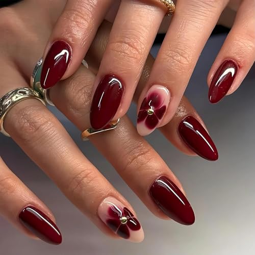 Almond False Nails Medium Burgundy - Press On Nails with Flower Rhinestone, Glossy Oval Fake Nails for Women, Full Cover Acrylic Nail Tips