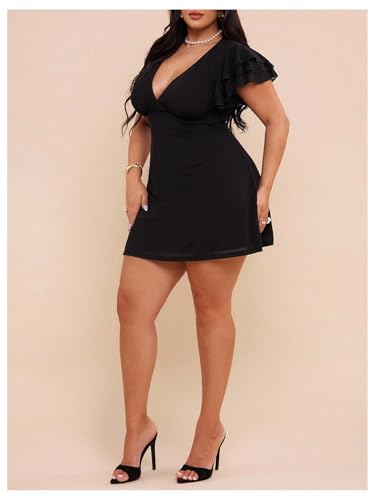 Image of BEAUDRM Women's Plus Size Cocktail Floral Short Dress Deep V Ruffle Short Sleeve Bodycon Mesh Wedding Guest Party Dresses
