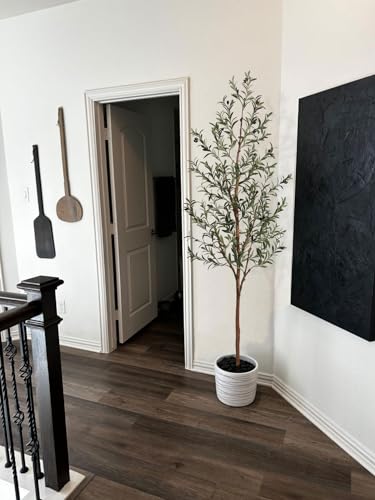 Image of Aveyas 7ft Artificial Olive Tree for Home Decor, 7 Feet Large Faux Plant Fake Skinny Silk Trees with Black Olivo for Indoor Outdoor House Living Room Office (7 ft Tall)