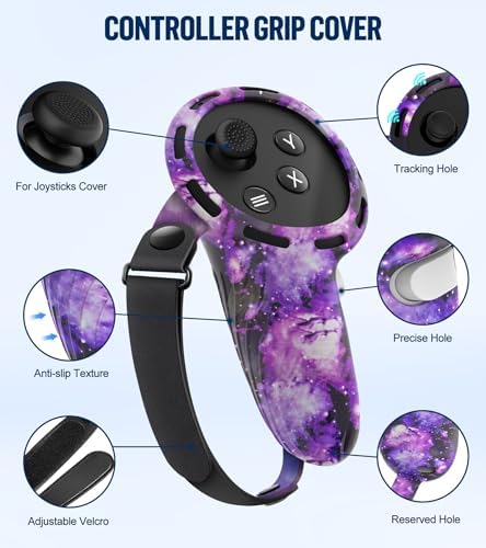 YRXVW Silicone Cover Set Compatible with Oculus/Meta Quest 3, Touch Controller Grips Cover, VR Shell Cover, Facial Interface Cover, Protective Lens Cover, Tempered Glass Lens Caps (Aurora Purple) - 2