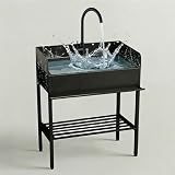 Lavello da Esterno in Acciaio Inox Autoportante con Paraspruzzi su 3 Lati, Mobile Lavandino Monovasca, Lavabo Lavanderia, con Rubinetto Acqua Calda per Giardino, Garage(80 x 45 x 92cm)