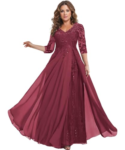 YAUTKA 3/4 Sleeves Mother of The Bride Dresses for Wedding Long Chiffon Lace Formal Dresses for Women 2025
