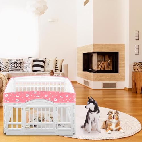 Image of Dog Playpen Mesh Top Lid Fits for 36 Inch 4 Panels Crate Cover, Pink | Breathable Mesh Top Lid, Water Resistant Shade for Outdoor, Kennel Crate Accessory, Breathable Ventilation, Cover Only