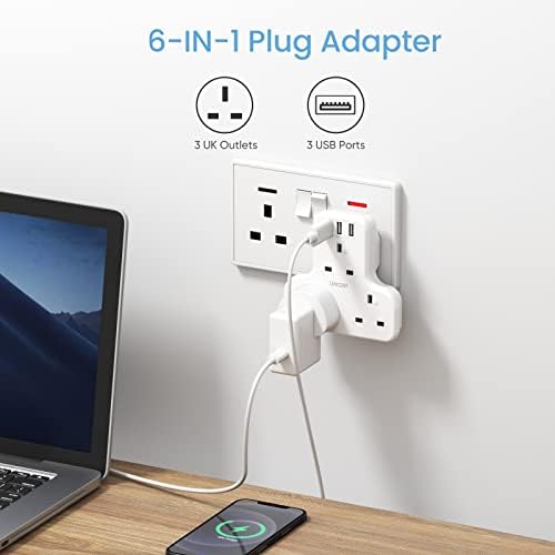 3 Way Plug Extension with 3 USB Ports, LENCENT Wall Socket Power Extender Adaptor for Household Appliances,iPhone, Smartphone Tablets, Ideal for Home Office Bedroom, 13A 3250W