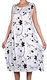  Grisodonna Style Damen Leinen Sommer Kleid Tunika 40 42 44 46 48 M L XL XXL Weiß Blumen Print Strand Urlaub Lagenlook zu Bolero Jacke (42)