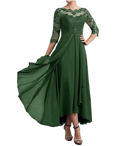 Image of GDJDIFK Lace Applique Chiffon Mother of The Bride Dresses - 3 /4 Sleeves Tea Length Ruched Waist Formal Gown for Wedding Guest Mauve