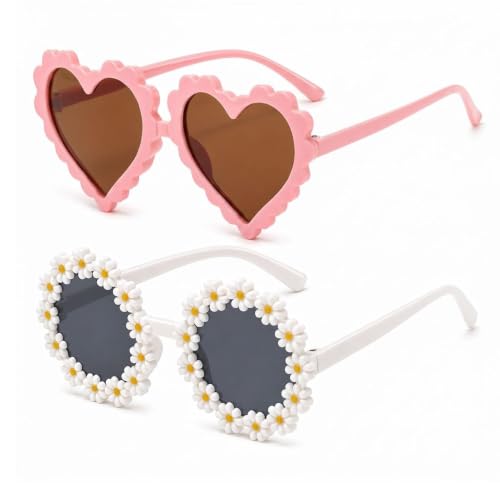 Image of ZALAOR 2Pcs Kids Sunglasses for Girls: Durable UV Protection Sunglasses - Cute Flower and Pink Heart Eyeglasses - Summer Eyewear for Outdoor, Beach, Travel, and Party Wear