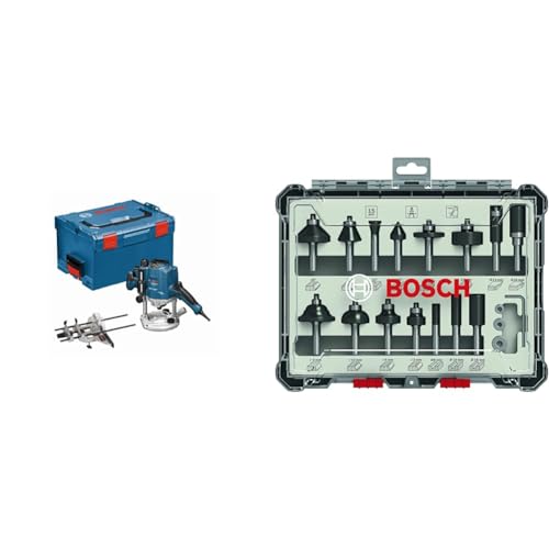 Bosch Professional 0601626001 Défonceuse GOF CE 1250 W 10000-24000 tours/min + 15 pièces Kit de Fraises Mixtes (pour Bois, Ø 8 mm Queue, Accessoires pour...