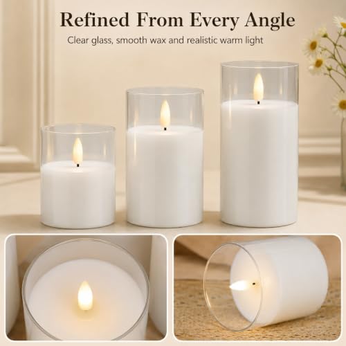 Image of Pure White Glass Flameless Candles with Remote, Set of 3 | Clear Glass, Pure White Wax, 2 /4 /6 /8H Timer, Battery Operated LED Pillar Candles, Wedding Home Decor